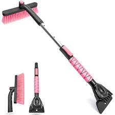 Compact 33-Inch Extendable Ice Scraper & Snow Brush with Comfortable Grip - Pink