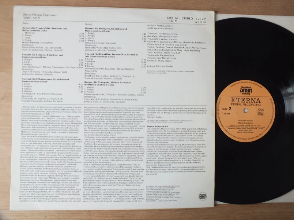 Telemann - Bläserkonzerte - Reinhard Goebel  GERMANY   LP   Vinyl:  mint- - Bild 2 von 2
