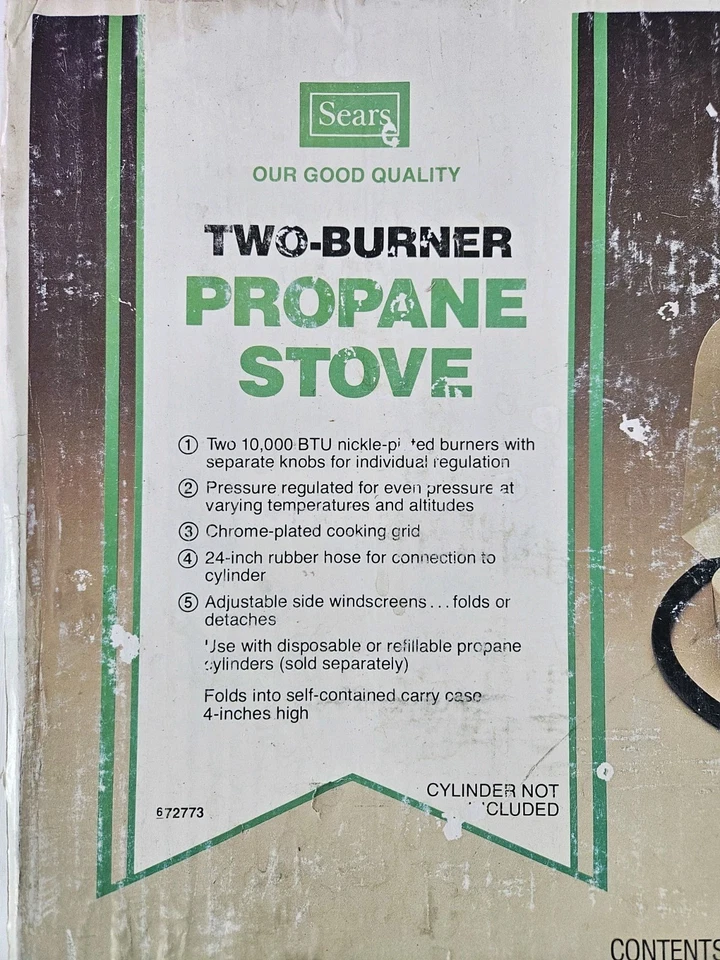 Estufa de camping propano quemador marca Sears de colección bronceado modelo 727730 caja leer Foto 4 de 4
