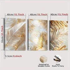 3pcs Modern Golden Palm Leaf Canvas Art Prints, Shiny Metallic Texture, White an