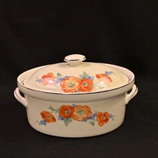 Hall Orange Poppy Casserole wLid Oval Platinum Trim Orange Blue Green 1933-1953
