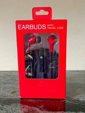 Red Earbuds -Black travel Case. In- Line Microphone,3 Ear pads,Tangle Free Cable