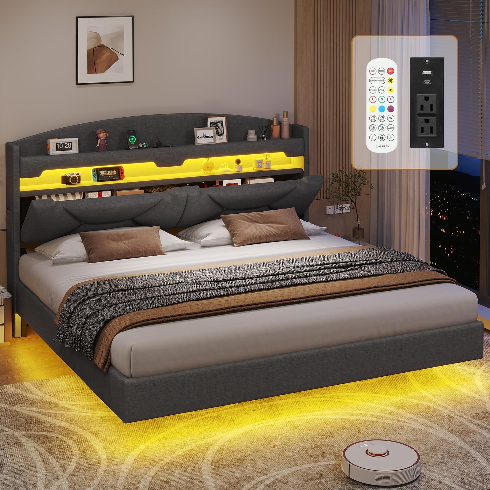 With Power Outlet Storage Headboard Dark Grey