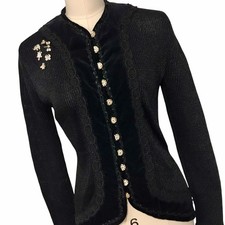 VTG Black Rhinestone Knit Sweater Victorian Gothic Velvet Accent Pins Read Sz S