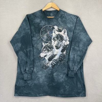 The Mountain Shirt Mens XL Blue Acid Wash Long Sleeve Wolf Native American