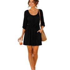 Cameron Rounded Neck Black Dress 3/4 Length Sleeves, Size 3X