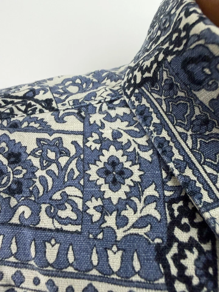 Camisa Paisley Vintage Años 90 Hombres Grande Lino Algodón Geométrico Azul Roundtree Yorke Foto 4 de 4