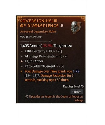 Diablo 4 S14 Sovereign Helm Of Disobedience 1GA Legendary Helm Gear Equipment