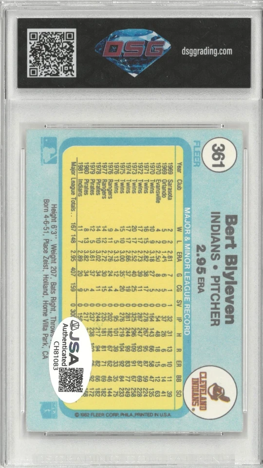 1982 Fleer BERT BLYLEVEN #361 JSA Auto 💎 DSG 8 NM/Mint - Image 2 of 3