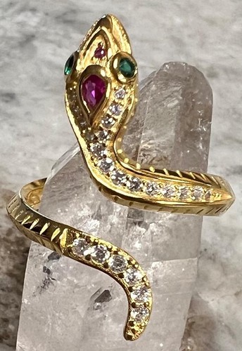 Genuine Ruby Diamond Emerald Coiled Snake Ring 14K Yellow Gold on solid 925 coil - Picture 3 of 16
