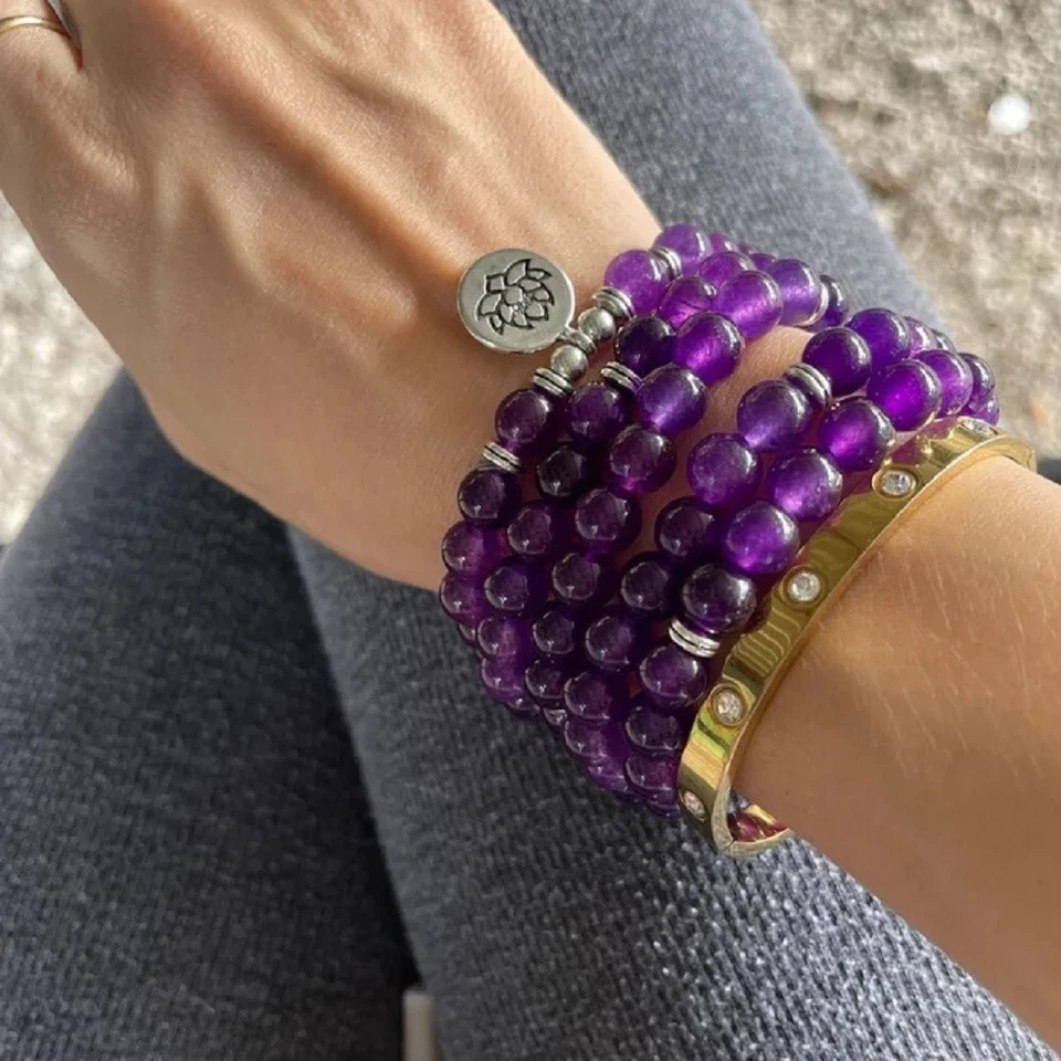 108 contas de mala colar de contas de ametista natural pulseira de cura de cristal roxo - Imagem 4 de 4