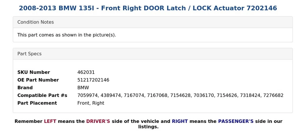 BMW 135I 2008-2013 - Pestillo de puerta delantera derecha / Actuador de bloqueo 7202146 Foto 4 de 4