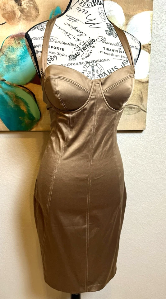 GUESS by Marciano Bronze Satin Bustier Bodycon Midi Dress Corset Back SZ 8 - Image 2 of 4