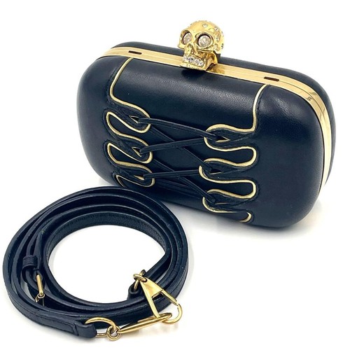 Alexander McQueen Skull Corset Clutch Shoulder Bag 2way Black Leather Crystal