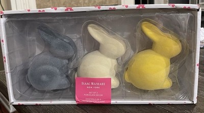 Set of 3- Isaac Mizrahi Flocked Easter Bunny Figurines Spring Home Decor NEW!