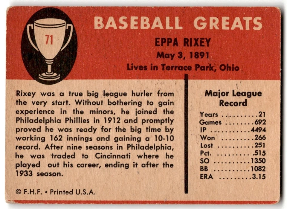 1961 Fleer Baseball Greats Eppa Rixey #71 - Image 2 of 2