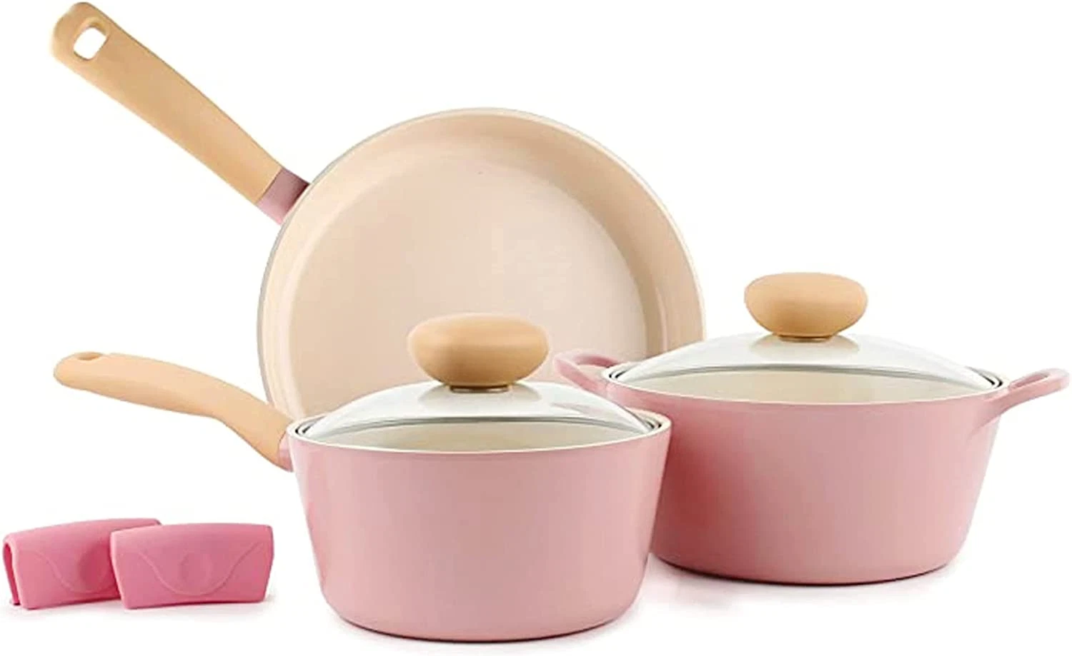 Pink Retro 5-Piece Nonstick Ceramic Cookware Set with Steam Vent Lids