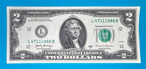 TRAILING YEAR 1988 (L 4711 1988 B) $2 Two Dollar Bill Serial Number 2017A *UNC* - Picture 2 of 4