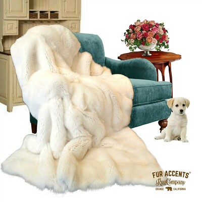 Thick Faux Fur Throw Blanket, Bedspread, Comforter, White Bunny Fur, Minky Lined