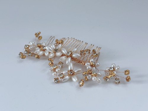Women Bride Prom Gold Floral Pearl updo Styling Comb hair accessory Clip Pin - Picture 6 of 12