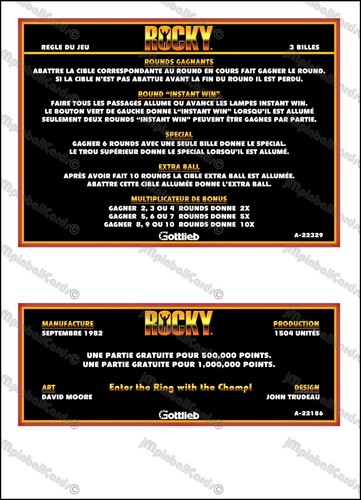 Gottlieb Rocky 1982 Cartes Instructions Flipper Custom Pinball FR / EN Cards V1 - Imagen 3 de 3