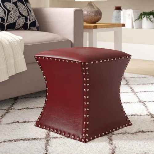 Red Nailhead Trim Upholstered Stool Ottoman - Picture 2 of 8