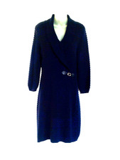 Calvin Klein Sweater Dress M Textured Knit Navy Blue Buckle 3/4 Sleeve