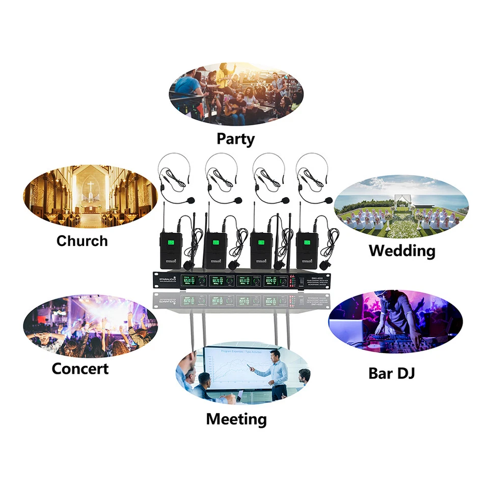 UHF Lapel Headset Wireless Microphone System 4CH Lavalier Bodypacks Stage Mics - Image 2 of 4