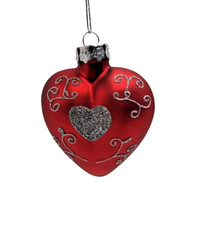 Red Heart Shaped Ornament with Sliver Glitter Heart Design