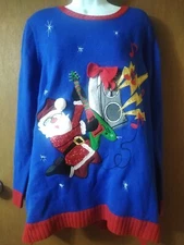 Ugly Sweater Rock And Roll Santa Holiday Time Knit Sweater Womens 1X Lights Up
