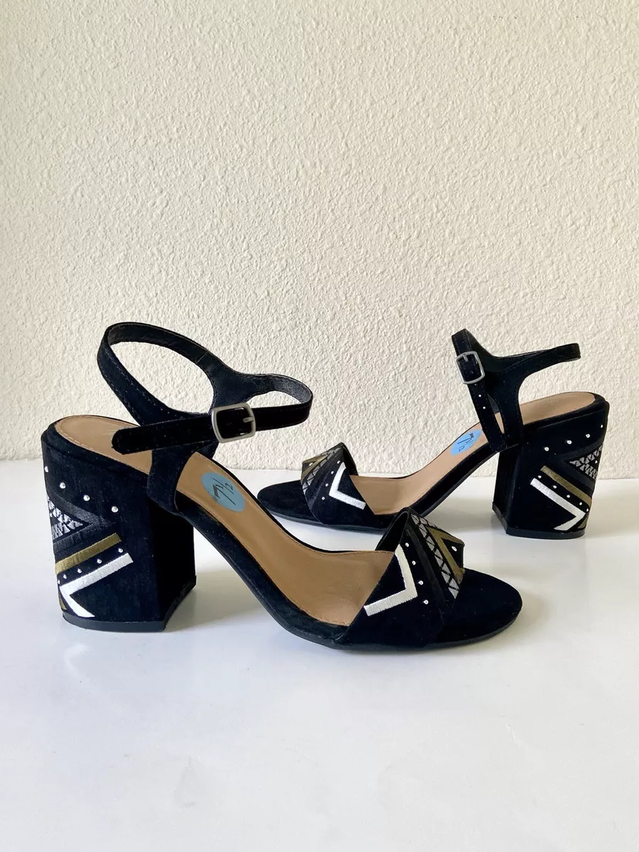 Embroidered block heel sandals cheap