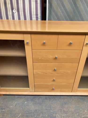 Heavy Light Wood Veneer Sideboard Display Cabinet TV Unit Glass Doors & Drawers - Picture 6 of 20