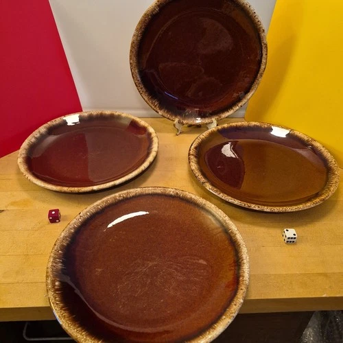 Lot of 4 Hull Pottery Brown Drip Glaze 10.5" Dinner Plates VTG Oven Proof USA
