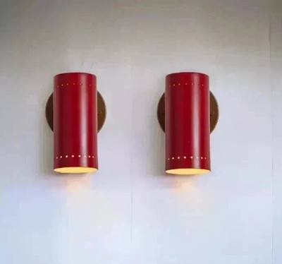 Italian Mid Century Brass Cylinder Wall Sconce Light   Vintage Handmade Pair