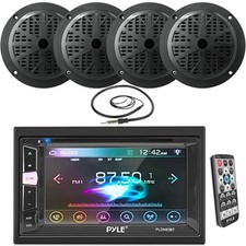Pyle PLMR77U Bluetooth Boat Receiver, 4x 5.25'' Black Stereo Speakers, Antenna