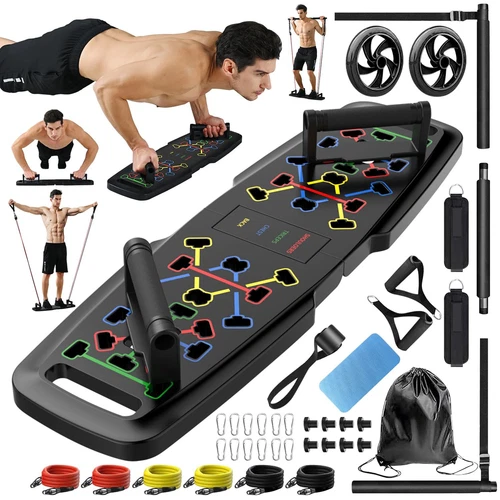 Sistema de entrenamiento portรกtil de pie de calistenia negro con tabla push up y bandas-