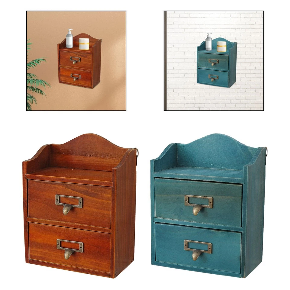 Boîte de Rangement Organisateur de Bureau avec Deux Tiroirs En Bois Vintage - Photo 1/1