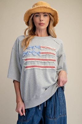 Easel Women's American Flag Bows and Lace Washed Top in Grey