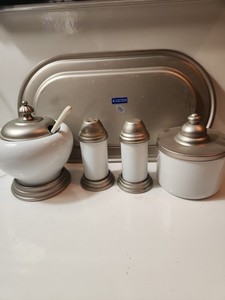International Silver Company white ceramic and silver-toned condiment set.