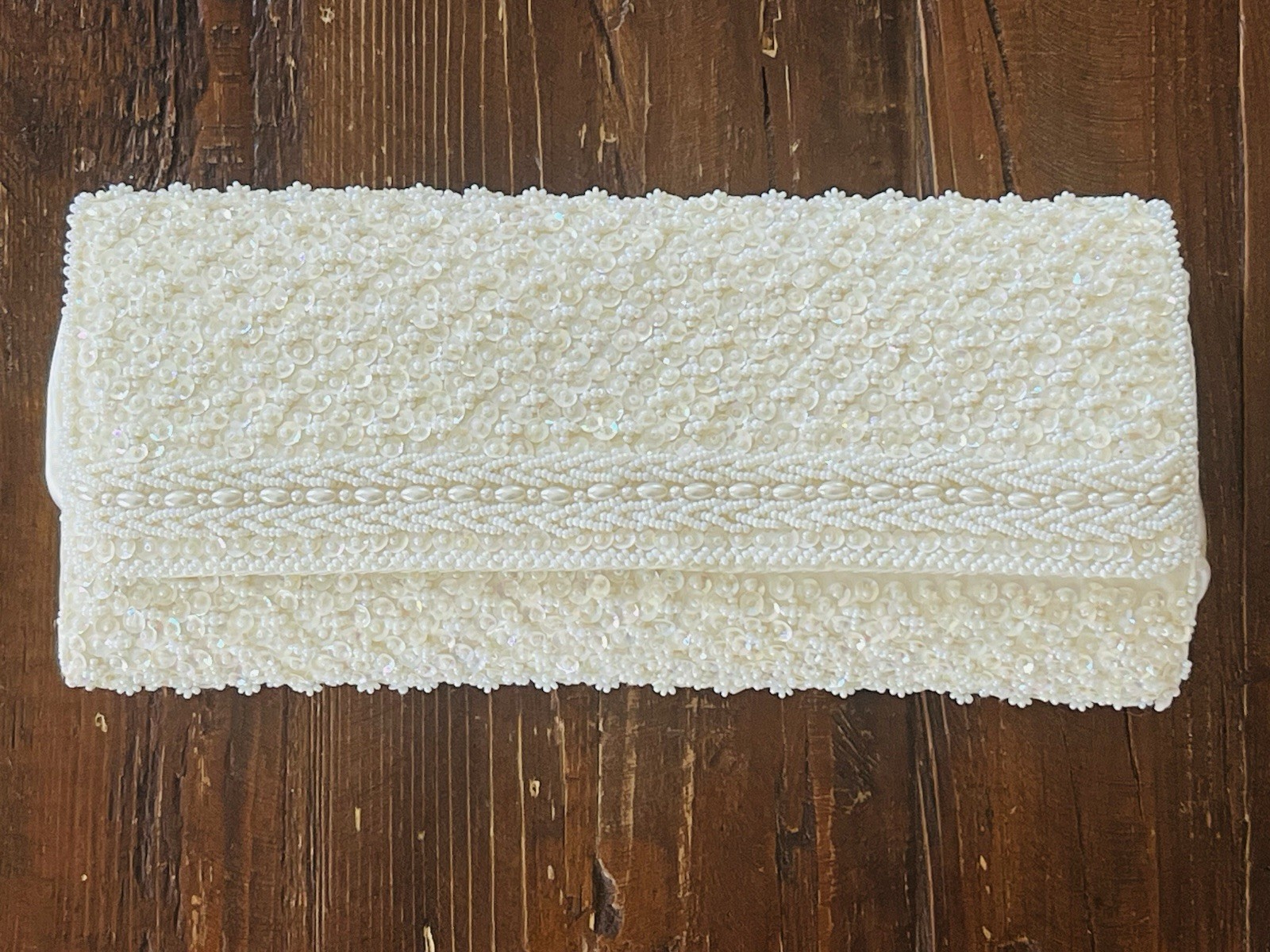 Le Regale Ivory Beaded Rectangle Clutch Snap Closure Silver Hardware, Lined