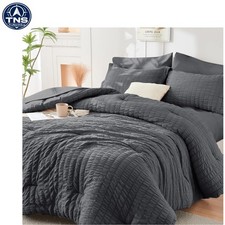 Seersucker King Comforter Set 7 Piece All Season Bed in a Bag Dark Grey