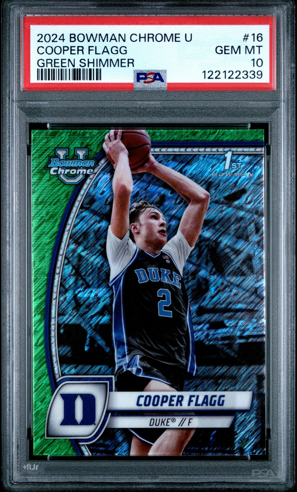 2024 Bowman Chrome University #16 Cooper Flagg Green Shimmer PSA 10