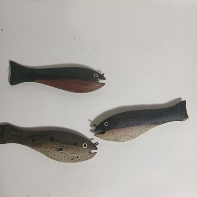 Three vintage, hand-carved wooden fish decoys. Folk Art. 