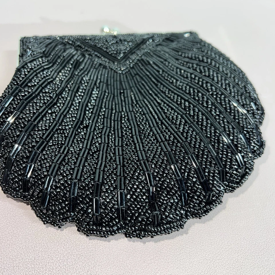 Apt. "9 carteras sin asas de noche con cuentas negras diseño concha bloqueo de beso estilo vintage 6""" Foto 4 de 4