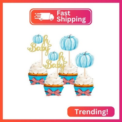24 PCS Pumpkin Oh Baby Cupcake Toppers Glitter Fall Baby Shower Pumpkin Cupcake