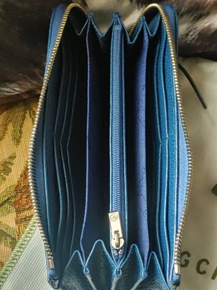 Cartera de cuero genuina Longchamp con cremallera en cuarto de cuarto azul zafiro tostado rojo a rayas nueva Foto 3 de 4