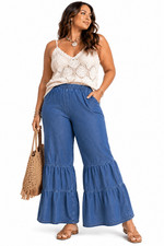 Boho High Rise Chambray Tiered Ruffle Palazzo Wide Leg Pants Medium