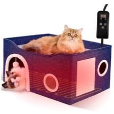 Indoor Heated Cat House, Adjustable Temperature Cat Dark Blue With heating pad