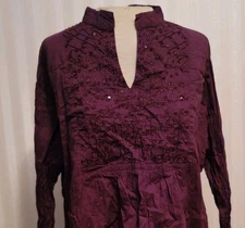 Greater Good Sz XXL Beaded Embroidered Top Purple Crinkle Cotton Boho Whimsigoth