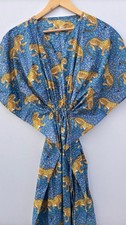 Indian Cotton Blue Tiger Print Kaftan Dress Women's Clothing Kaftan Dress US